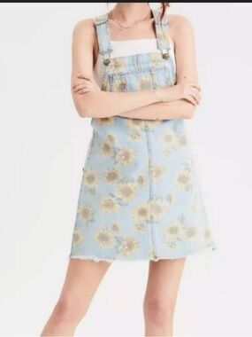 American Eagle Light Wash Denim overalls dress with Yellow Sunflower Print